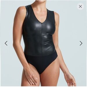 Commando Black Faux Leather V Neck Sleeveless Bodysuit